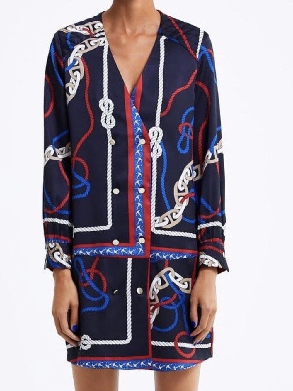 Zara  Nautical Ropes Shirt Mini Dress with a black, blue, and red knot print Xs